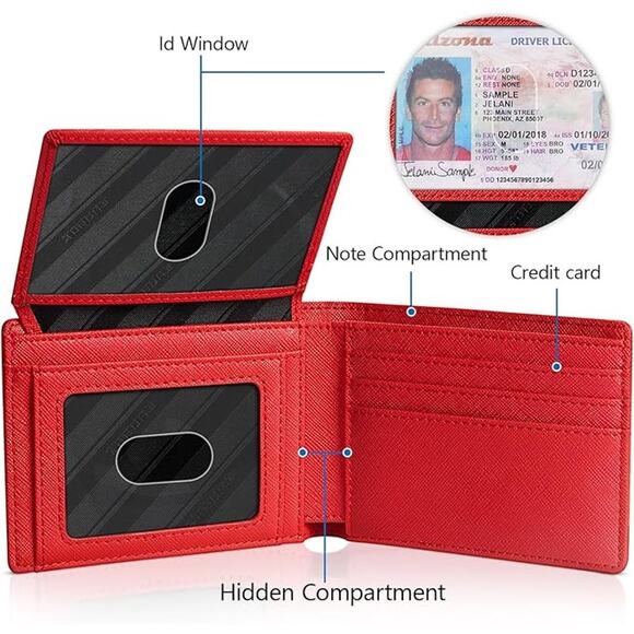 RUNBOX Red Wallet for Men Slim Rfid Leather 2 ID Window With Gift Box - Picture 4 of 4